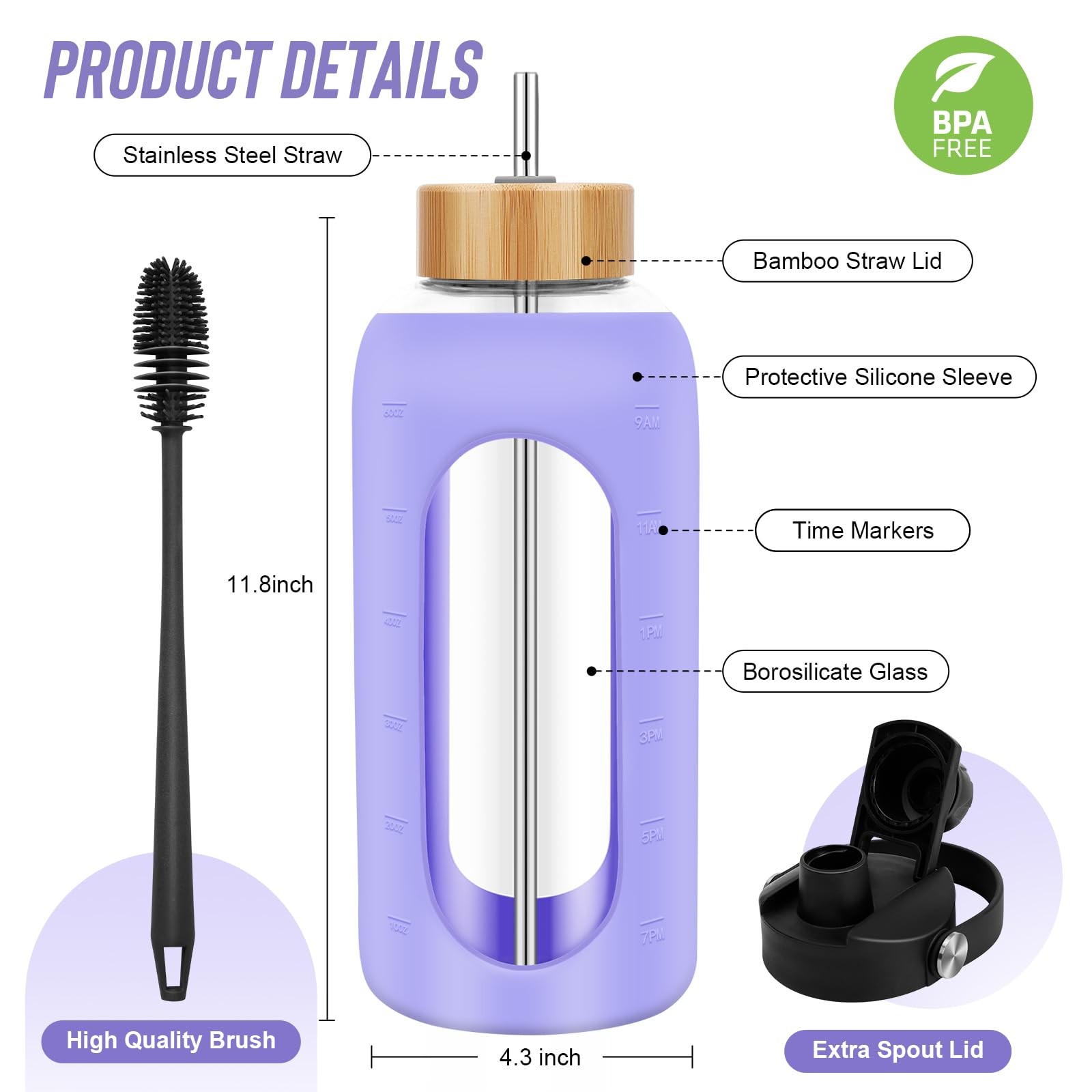 FULBEVY Glass Water Bottles 64 oz – Half Gallon Large 64 Ounces, Purple