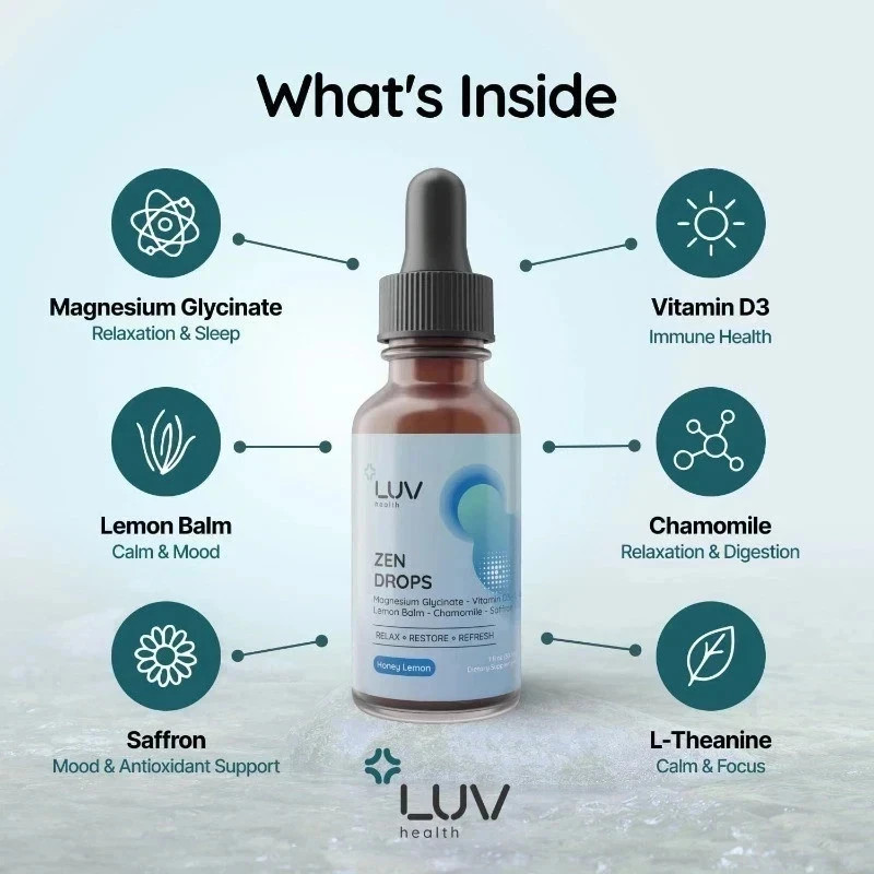 LUV Zen Drops Stress Support with Magnesium Glycinate and Lemon BalM 5 PACK.