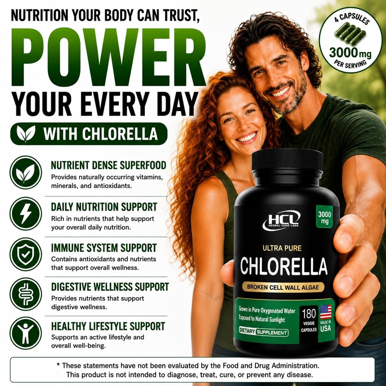 3000mg Chlorella Capsules – Cracked Cell Wall Blue Green Algae Detox Supplement,