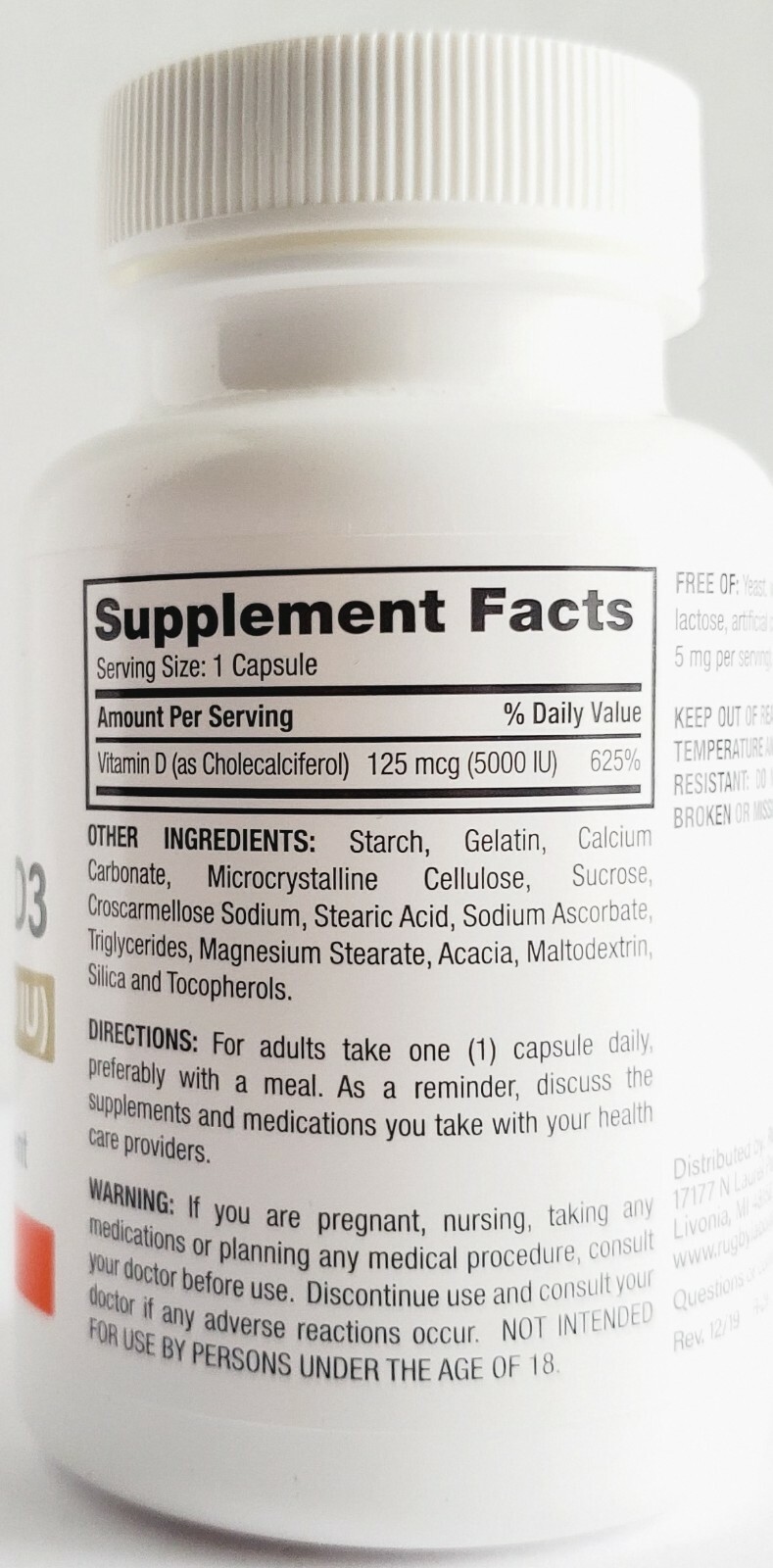 Rugby Vitamin D3 5000 IU (125mcg) 100 Capsules -3 Pack -Exp Date 05-2026