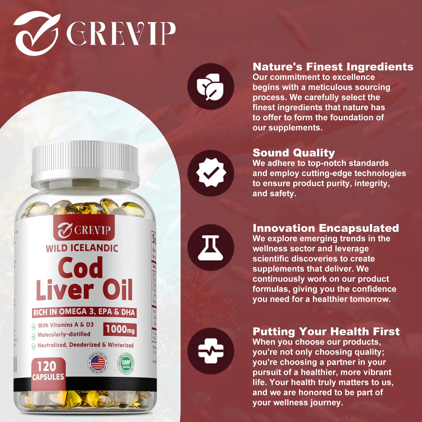 Wild Icelandic Cod Liver Oil Capsules 1000mg – Omega-3 EPA, DHA , Vitamin A & D3