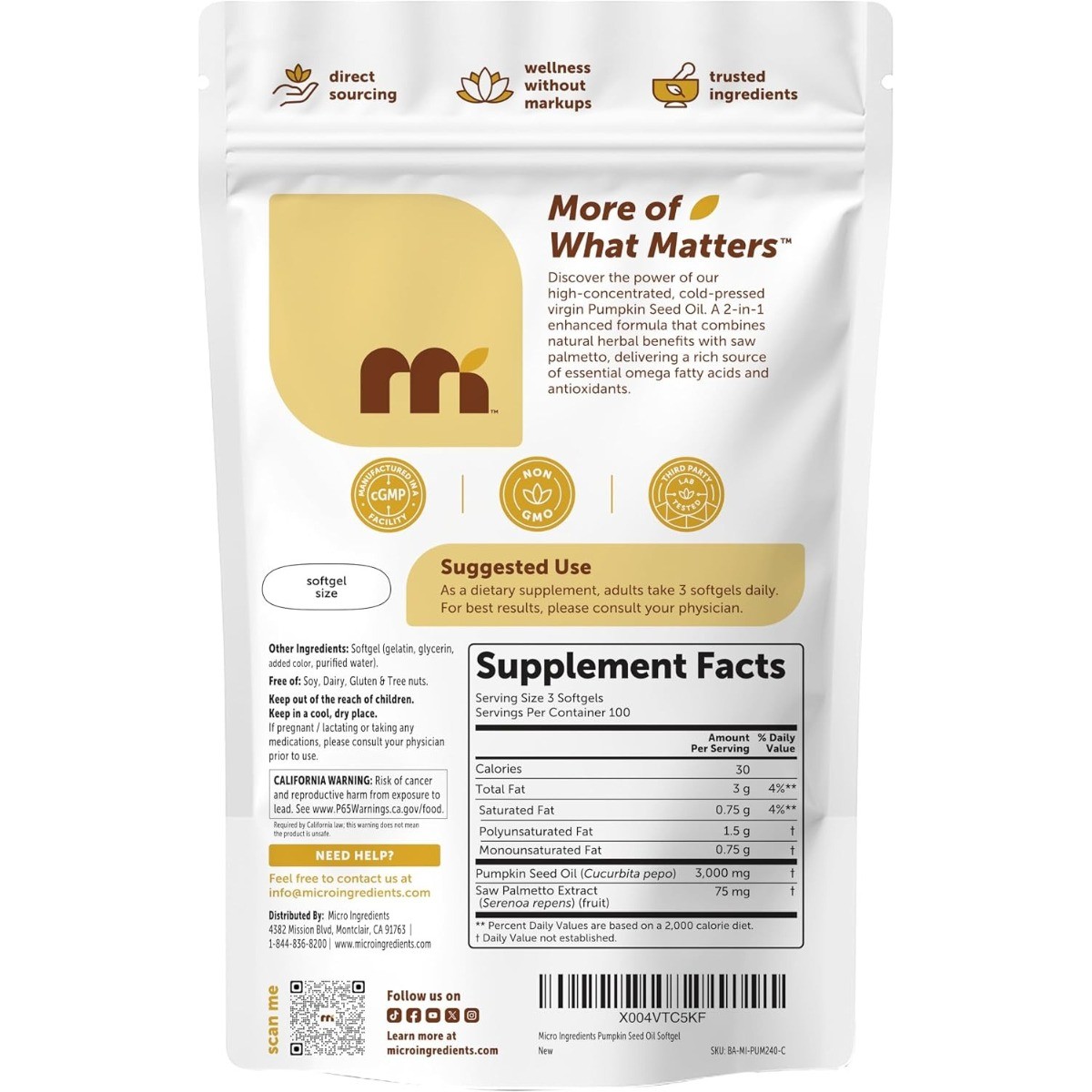 Micro Ingredients 300 Softgels Pumpkin Seed Oil with Saw Palmetto,Cold Pressed