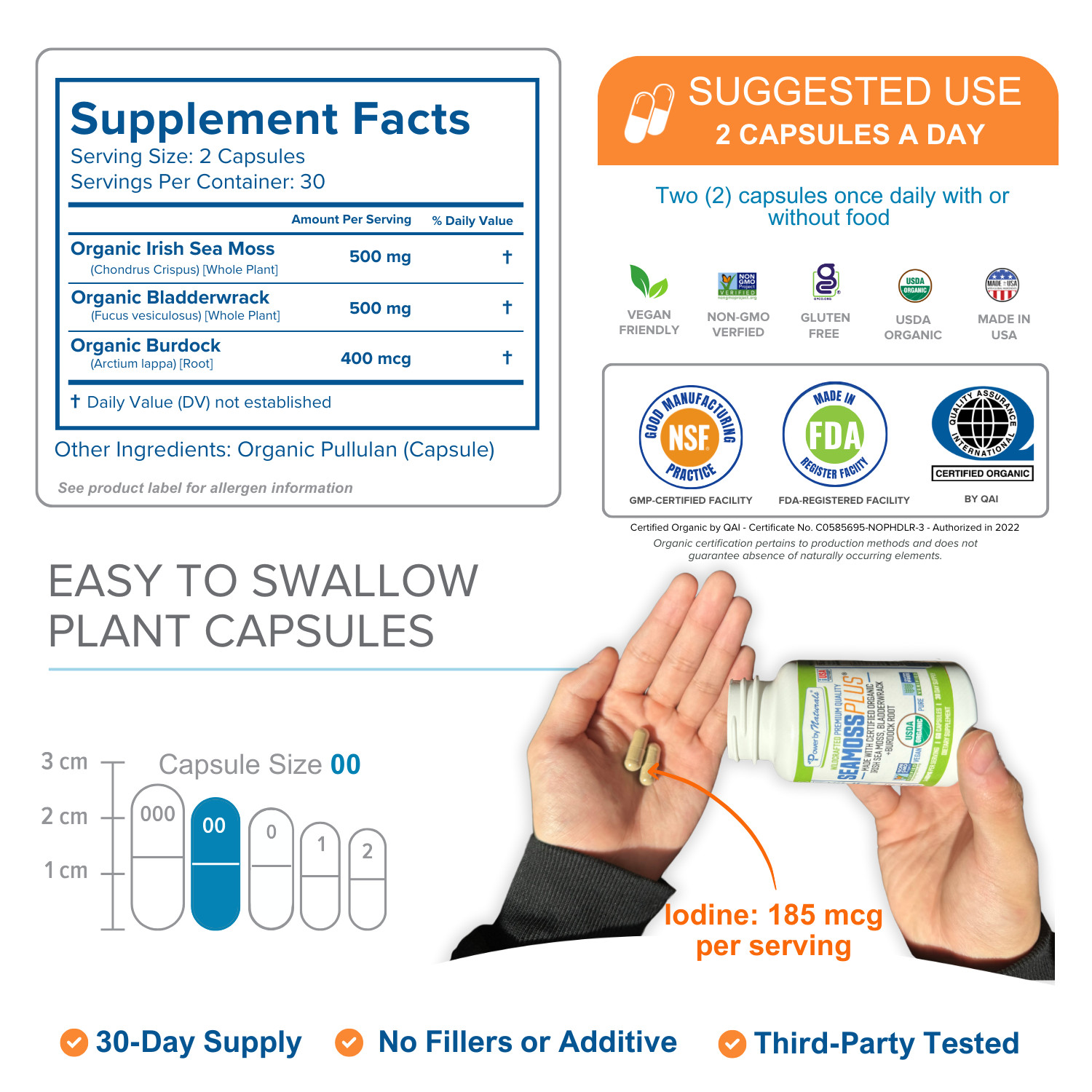 Certified Organic Sea Moss Bladderwrack Burdock Root Capsules | 60 SeaMoss Pills