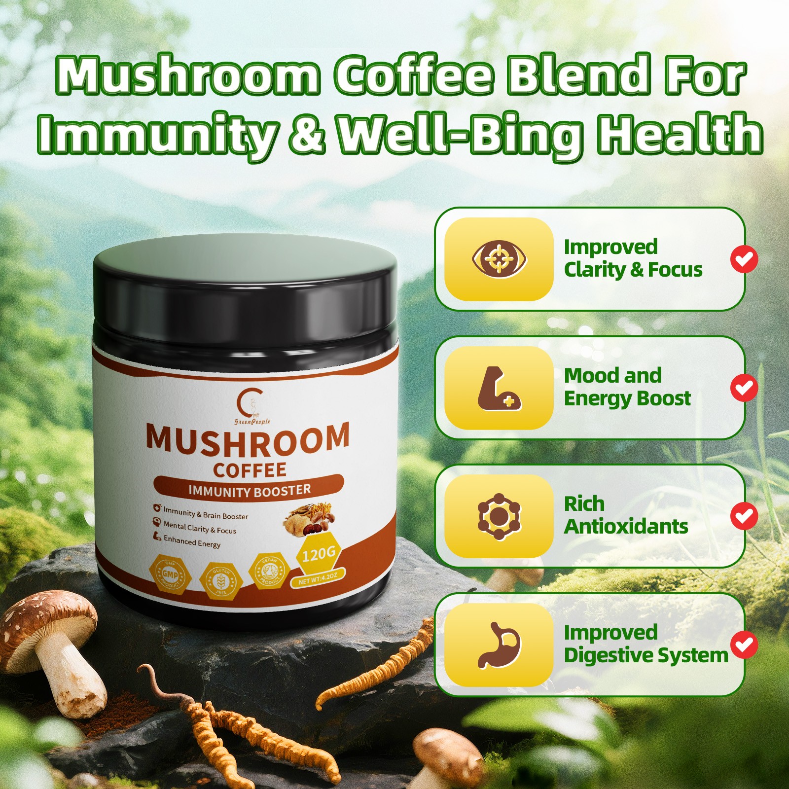 Lions Mane Mushroom Powder Instant Coffee with Lion’s Mane, Reishi, Chaga 120G