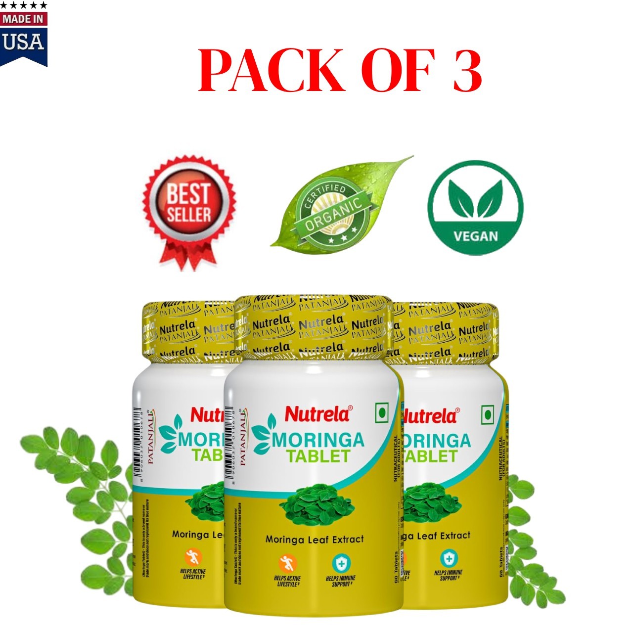 Nut.rela Moringa 1000mg Tablets 60 Count Immunity Pack of 3