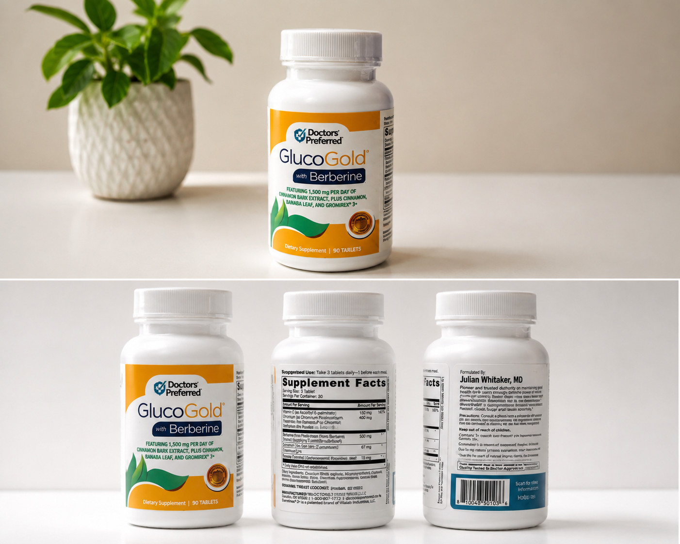 Doctors Preferred GlucoGold Berberine 1500mg Cinnamon Chromium 90 Tablets