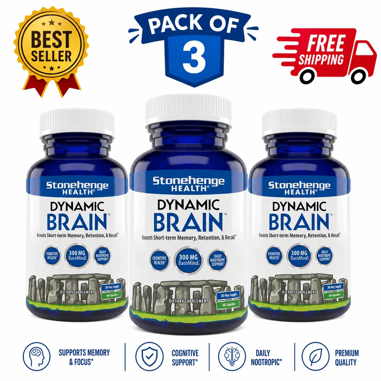 3 – Pack Dynamic Brain Supplement 60 Capsules–Memory Focus Clarity, EXP 2028