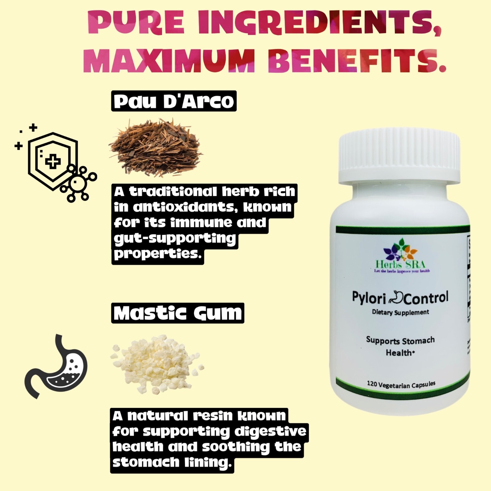 120 Capsules, Mastic gum and Paud’ Arco extract, bad bacteria control, Natural.