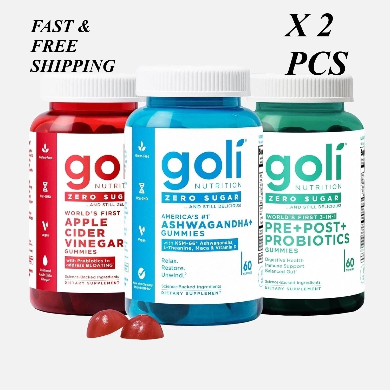 3 Pack Goli Zero Sugar Best Seller Trio Set Gummies 60Caps Per Bottle