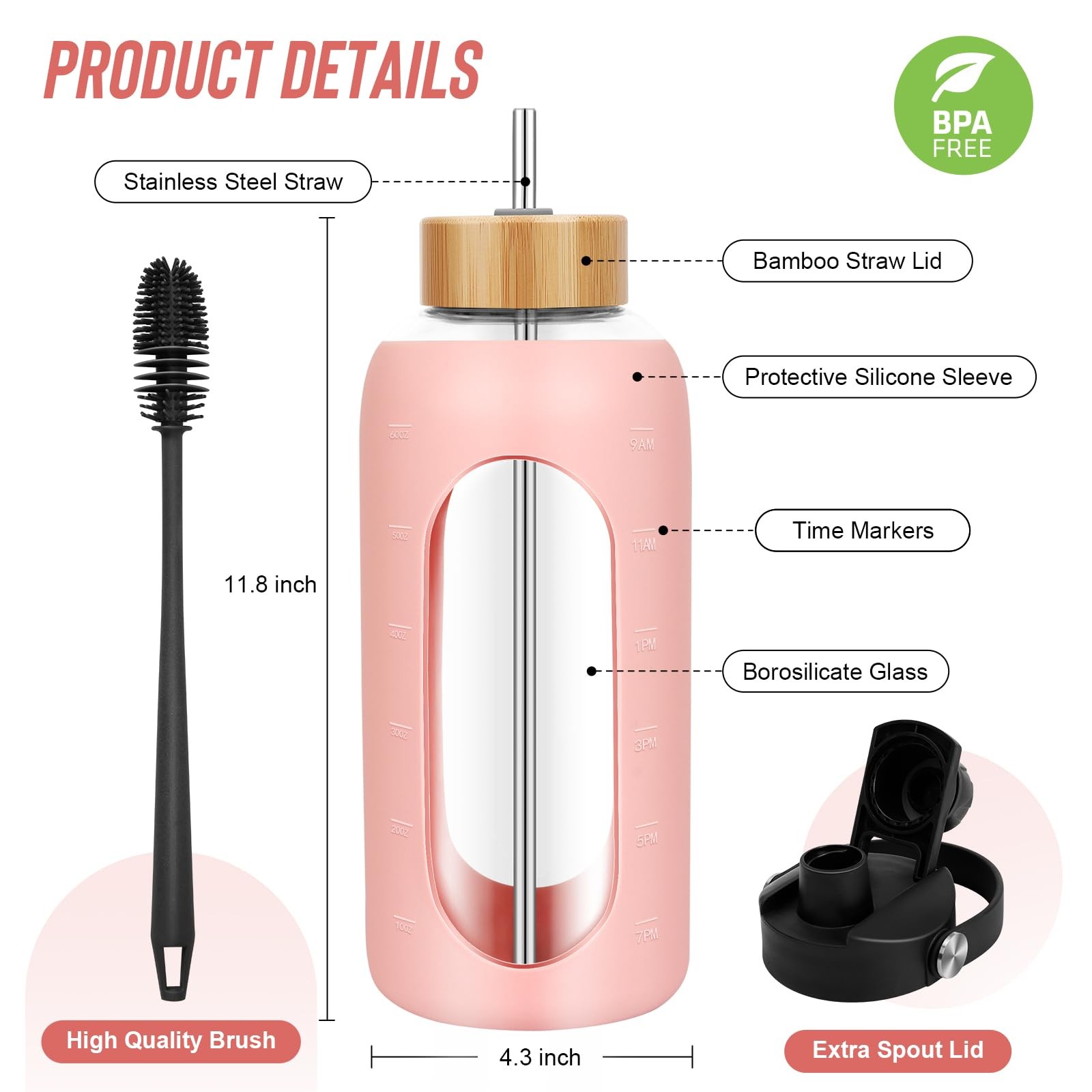 FULBEVY Glass Water Bottles 64 oz – Half Gallon Large 64 Ounces, Pink