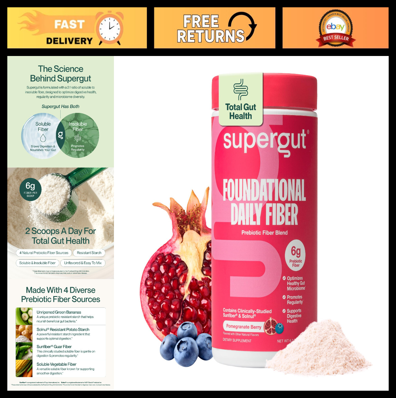 Daily Fiber Powder – Sugar Free Vegan Prebiotic Blend for Gut Health, 18 Serving