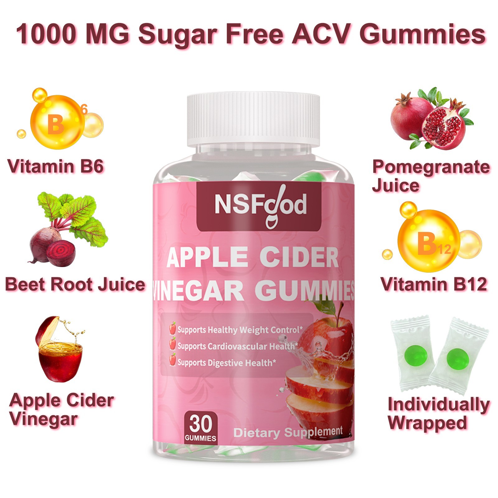 Sugar Control Keto ACV Gummies Apple Cidar Vinegar 1000MG Weight Management 30ct