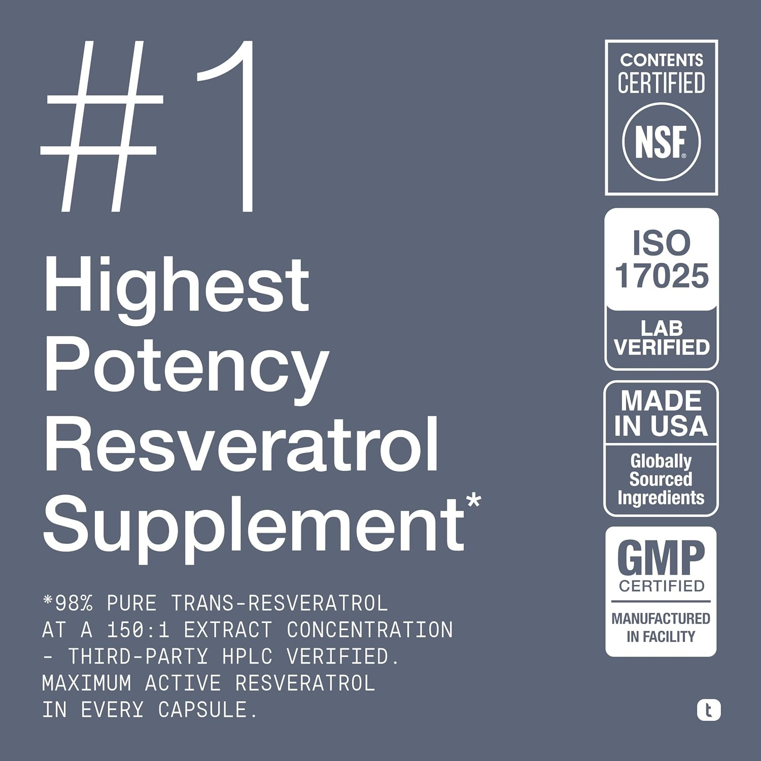 NSF Certified Ultra High Purity Resveratrol Capsules – 98% Trans-Resveratrol – H