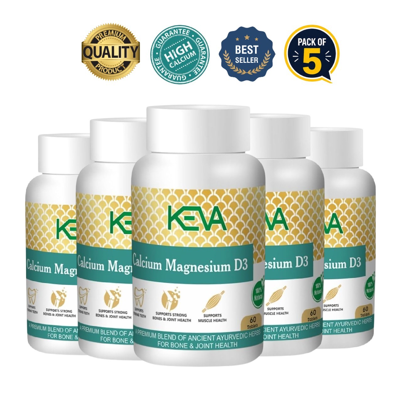 5 Pack KE.VA Calcium Magnesium D3 300 Tablets Daily Use
