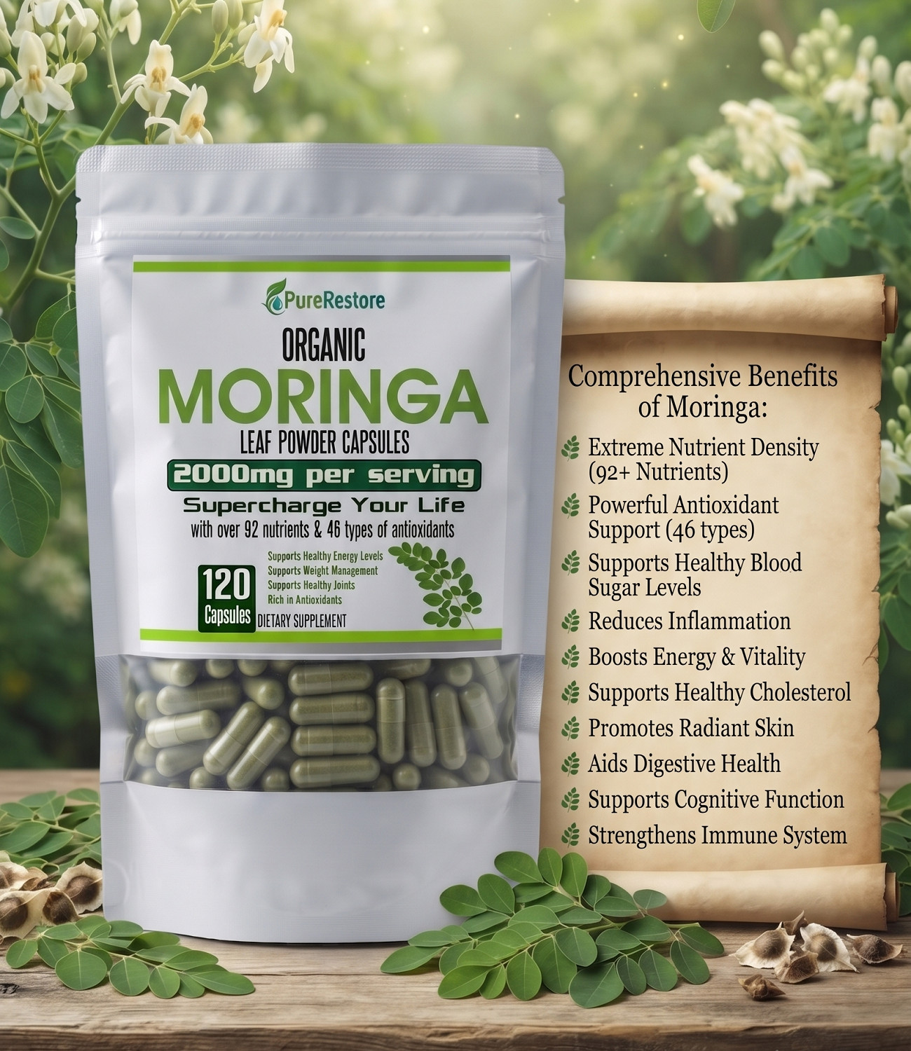 Organic Moringa Oleifera Capsules 2000mg, 60, 120, 180 Capsules