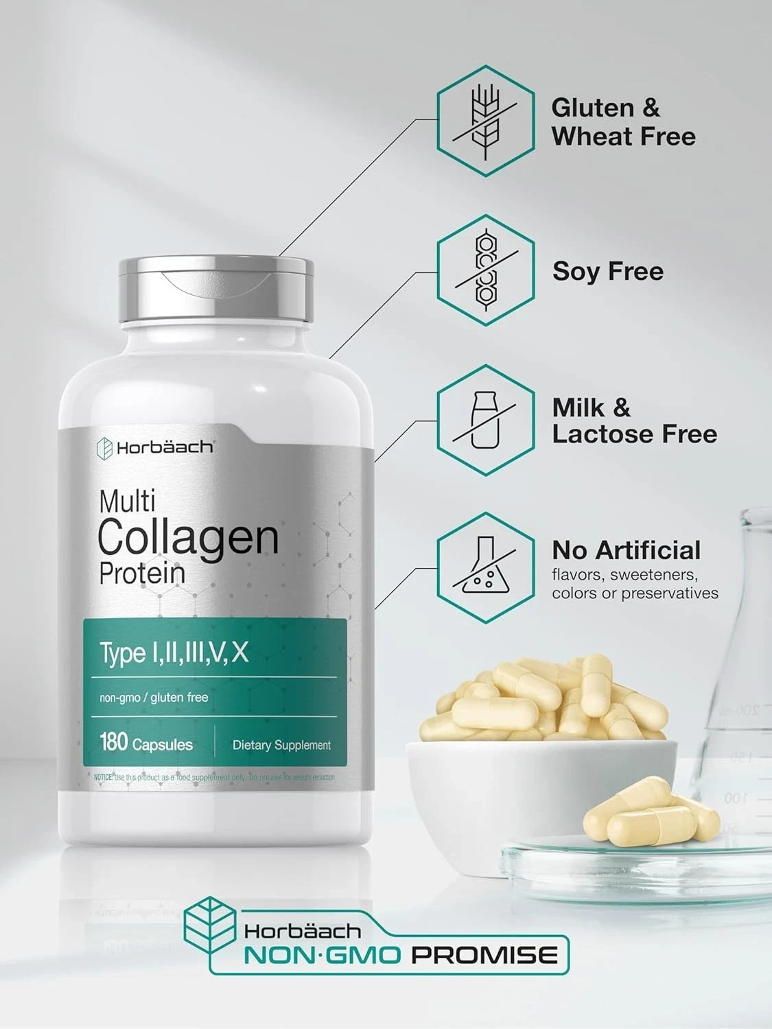 Multi Collagen Protein 2000mg | 180 Capsules | Type I, II, III, V, X | Horbaach