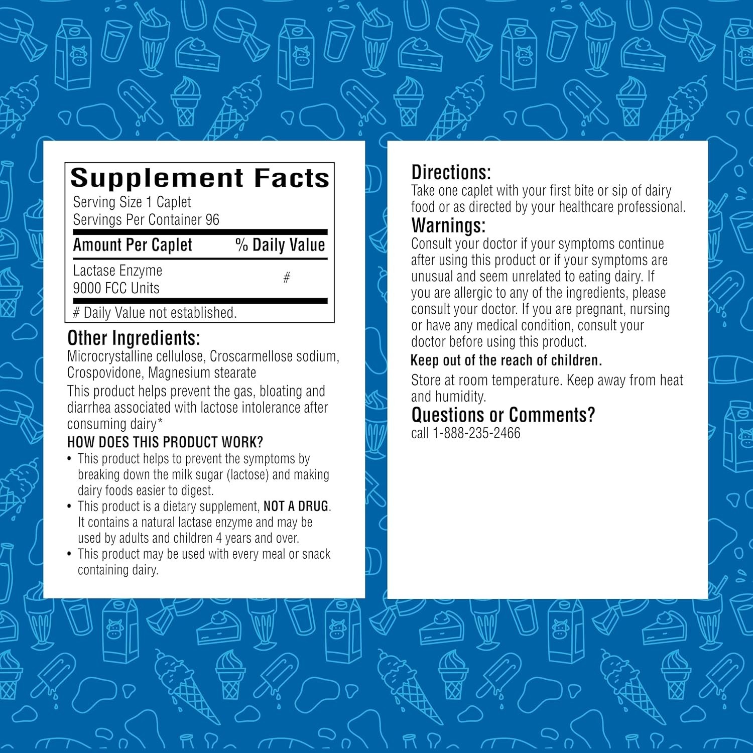 Dairy Relief Lactase Enzyme 96 Count, 9000 Caplets, Fast Acting, Dye-Free, D…
