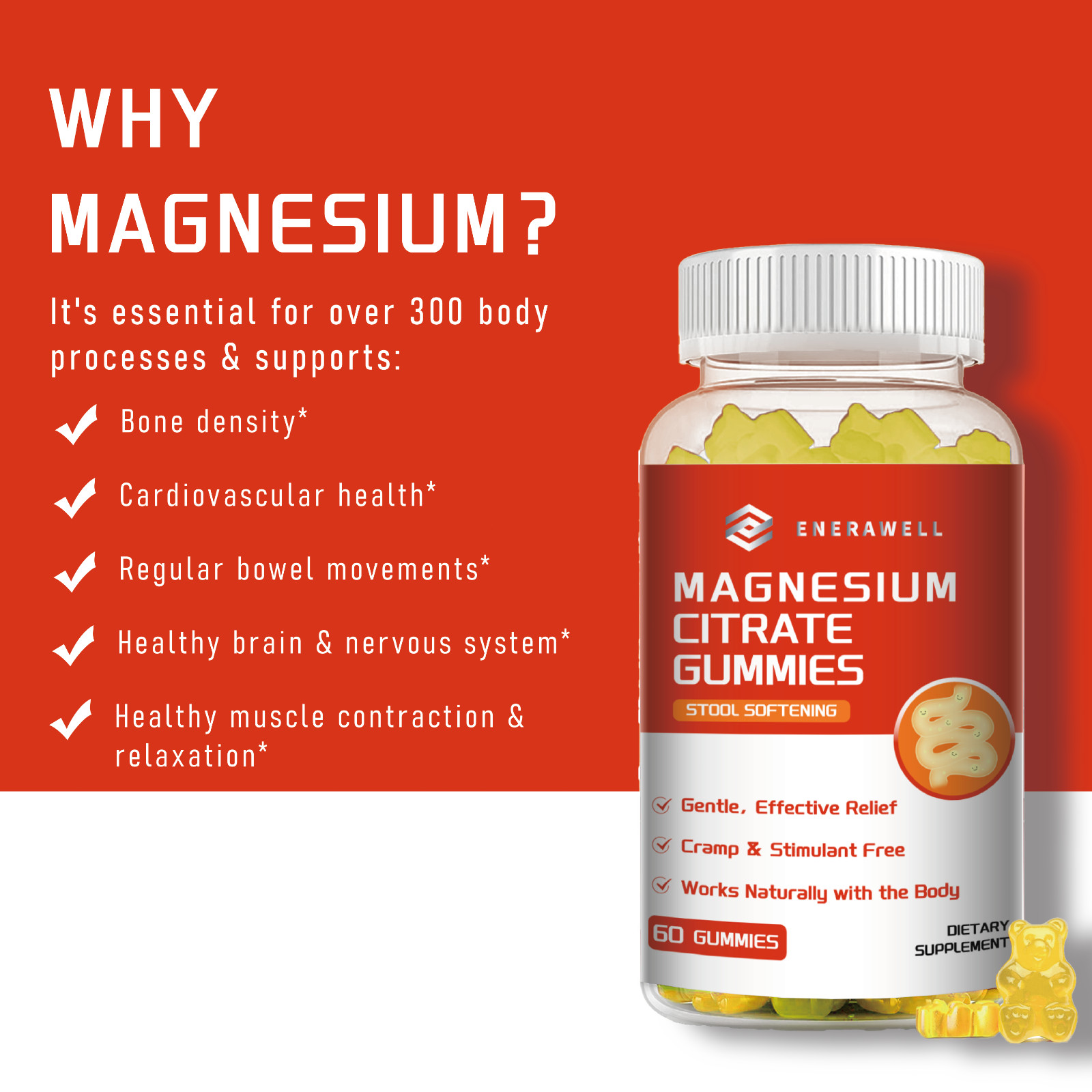 ENERAWELL Magnesium Citrate 600mg, 30 Servings, 60 Gummies -Non-GMO | 02/07/2027