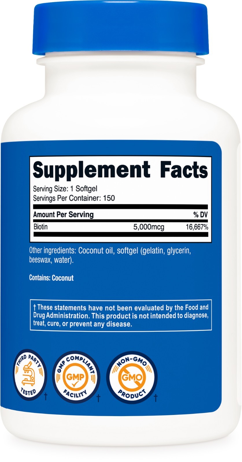 Nutricost Biotin (5,000mcg) in Coconut Oil 150 Softgels – Gluten Free, Non-GMO