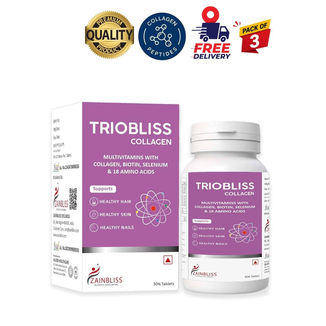 ZAINB.LISS Triobliss Collagen 30Ct Pack of 3 Beauty Support