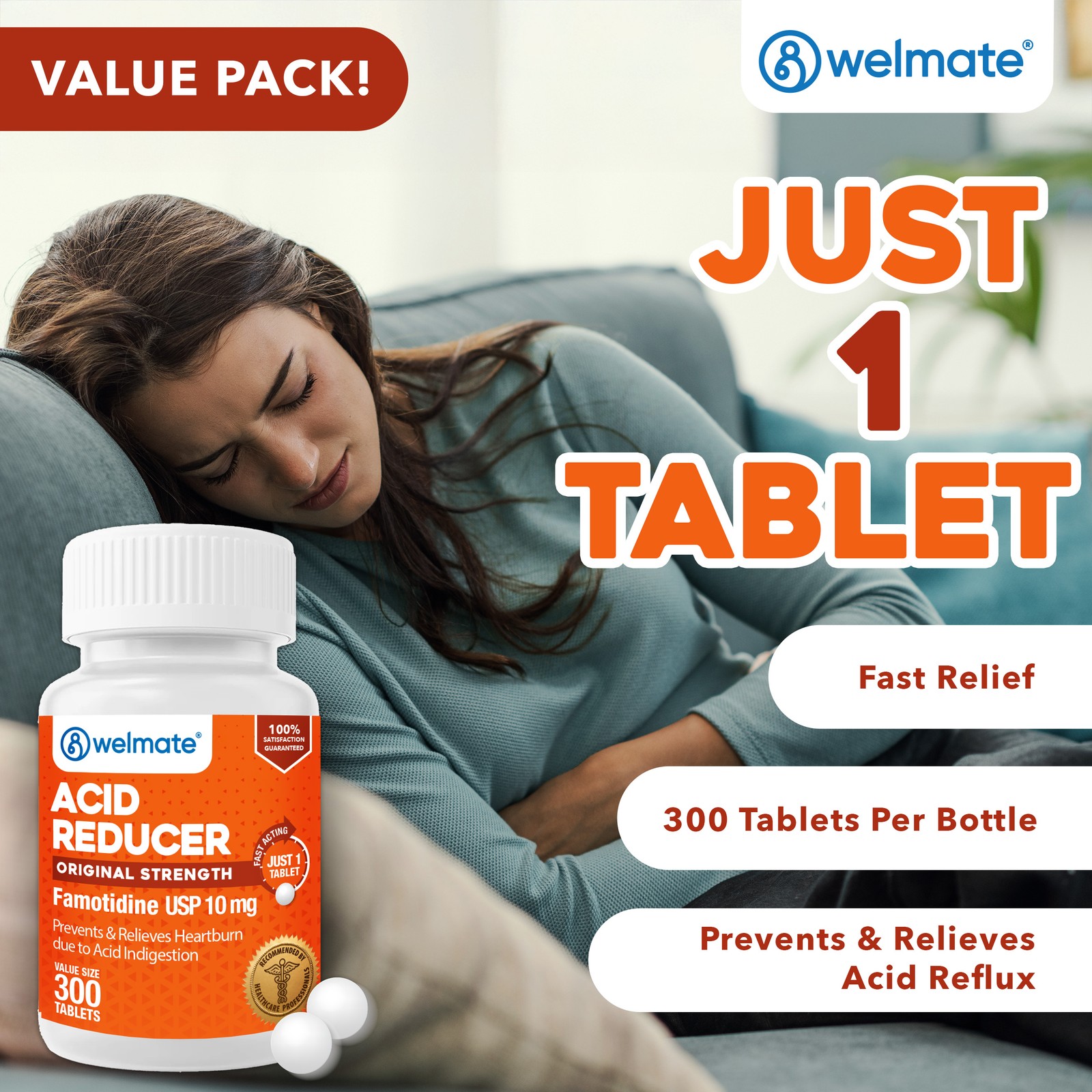 WELMATE Famotidine 10 mg Acid Reducer – Heartburn Relief – 300 Count Tablets