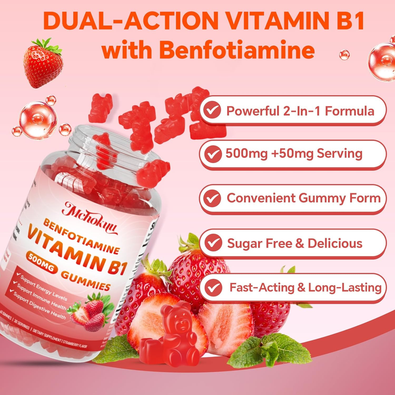 Vitamin B1 Gummies 500Mg with Benfotiamine | High Potency Thiamine Supplement fo