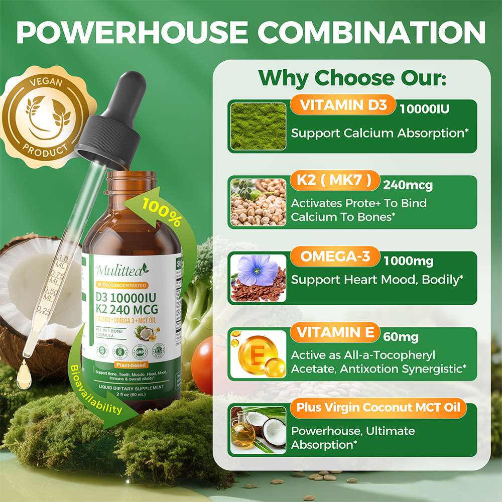 Vitamin D3 K2 Drops with MCT Oil Omega 3 & Vitamin E Bone Immune Support