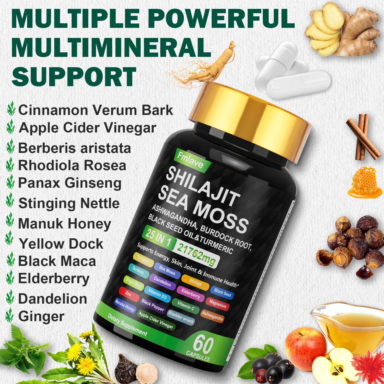Sea Moss, Black Seed Oil, Ashwagandha, Turmeric Ginger Shilajit Burdock 60 caps