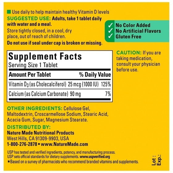 Nature Made Vitamin D3 1000 IU 25 Mcg Tablets Dietary Supplement 210 Count