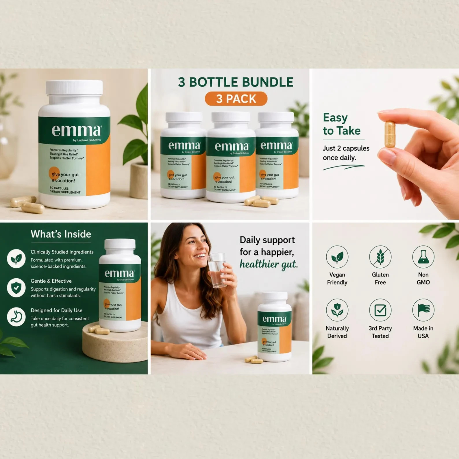 3 Pack Emma Gut Health Supplement 180 Capsules for Bloating Relief & Leaky Gut