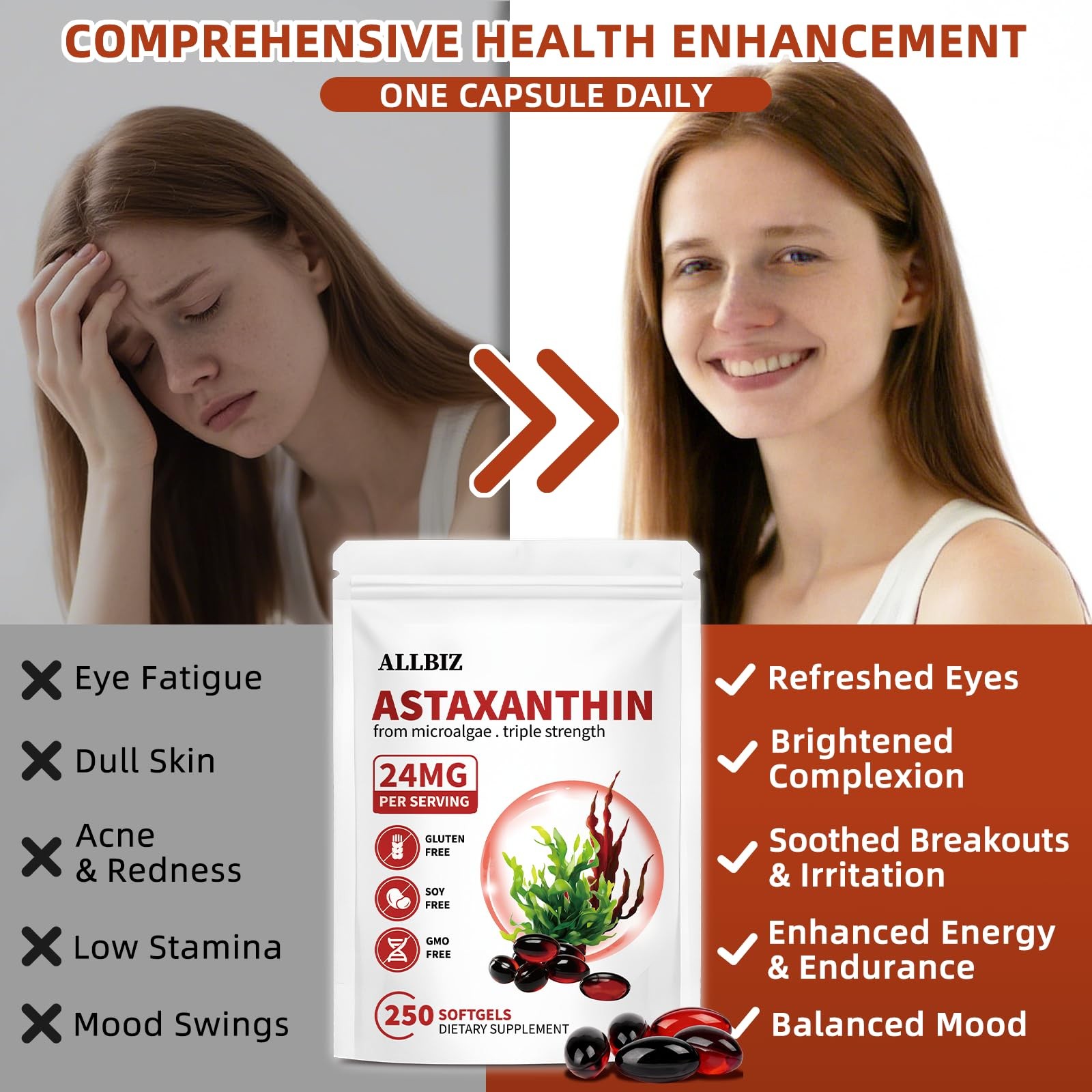 ALLBIZ Astaxanthin 24mg | 250 Softgels | 250-Day Supply 250 Count (Pack of 1)