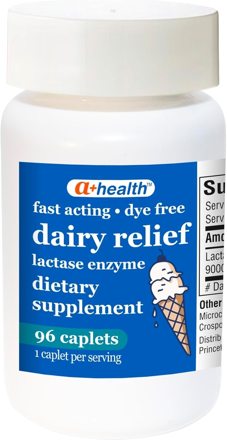 Dairy Relief Lactase Enzyme 96 Count, 9000 Caplets, Fast Acting, Dye-Free, D…