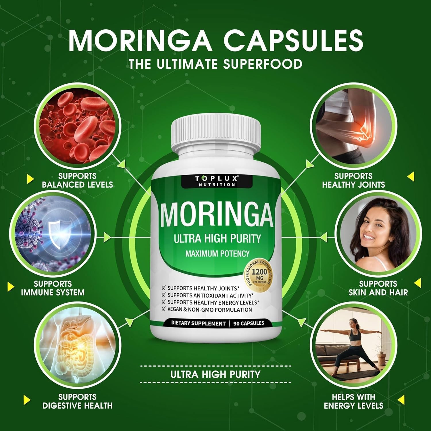Toplux Moringa Capsules 1200mg – Pure Moringa Powder High Potency Leaf Extract