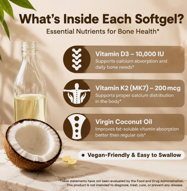 Vitamin D3 K2 Supplement, Coconut Oil for Bone & Immune Support