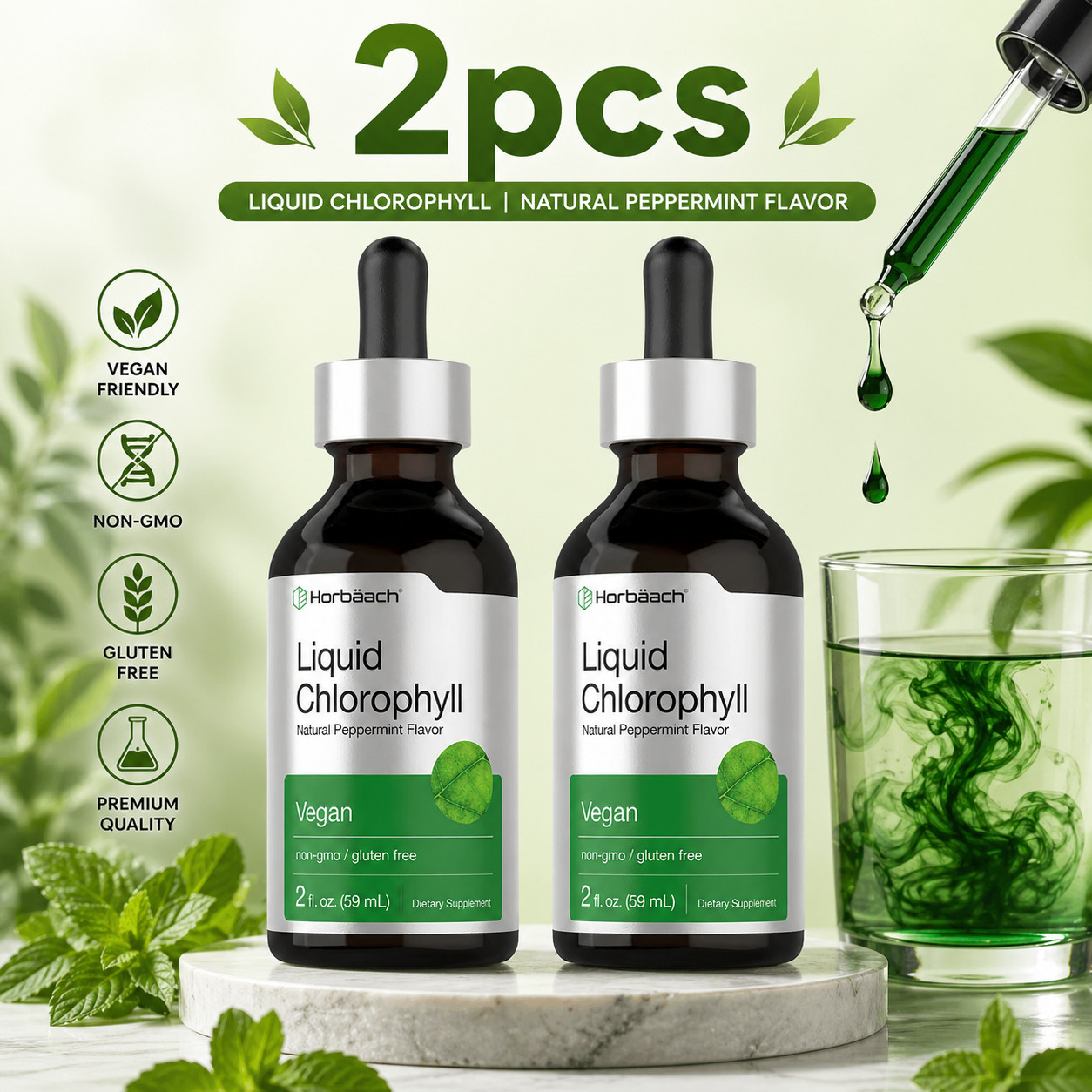 Horbäach Liquid Chlorophyll Drops | Natural oz | 2 Peppermint Flavor | Vegan