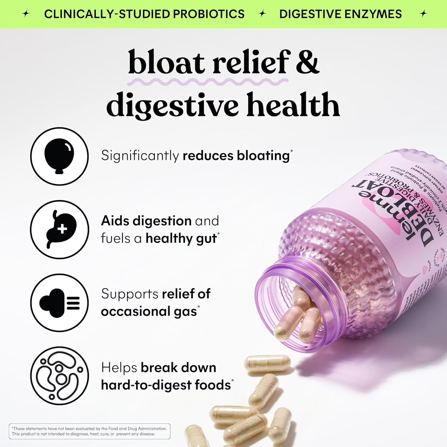 Lemme Debloat Daily Digestive Enzymes & Probiotics Capsules, 60 Count