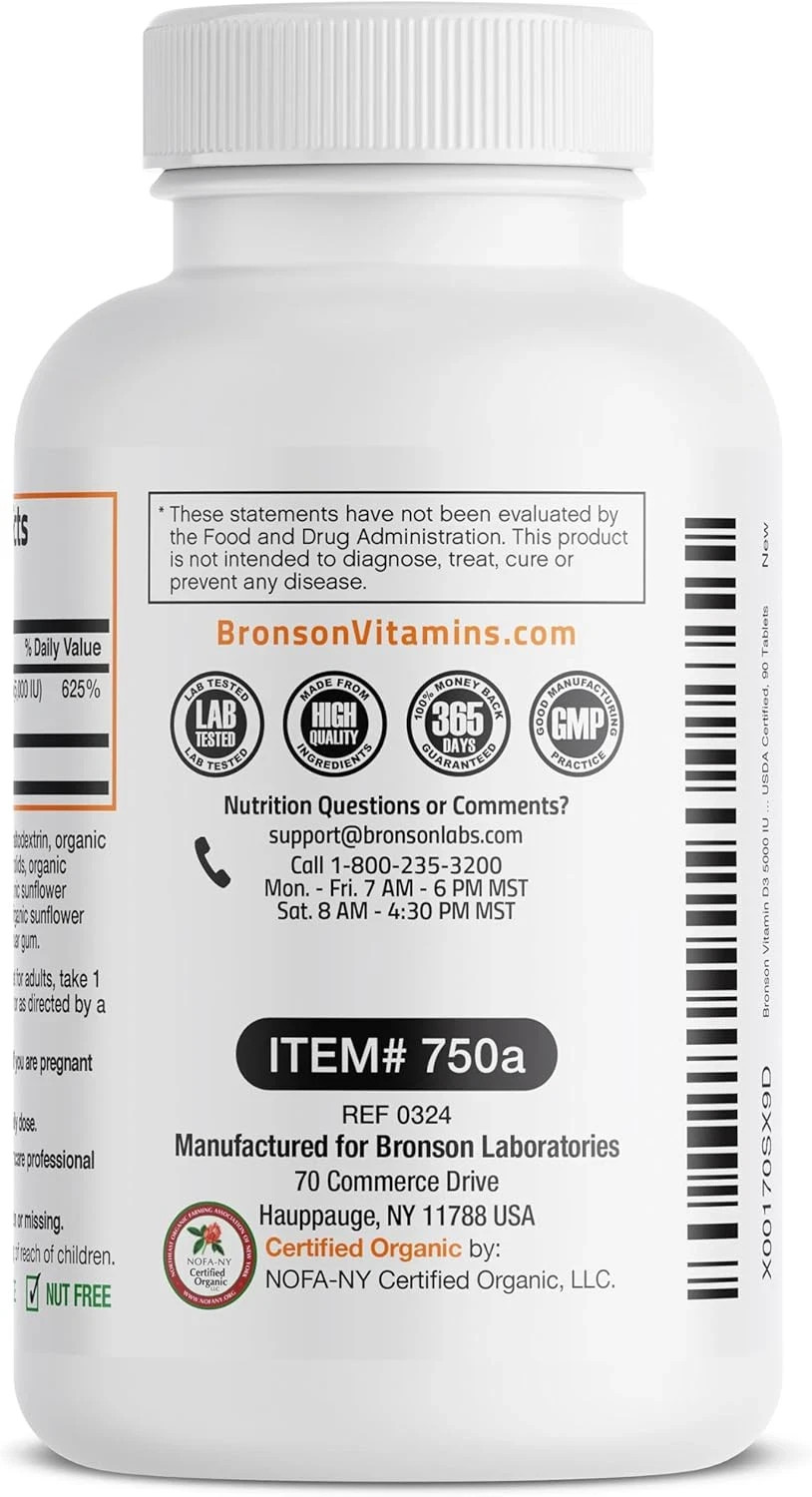 Bronson Vitamin D3 5000 IU Certified Organic Vitamin D Supplement 125mcg Tablets