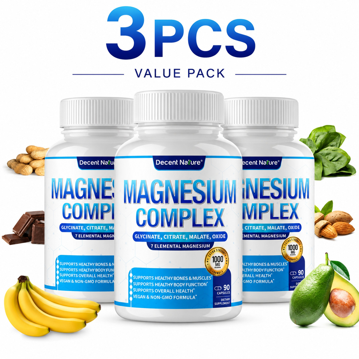 3PCS Magnesium Complex 1000mg Made with 7 Elemental Magnesium 90 Capsules