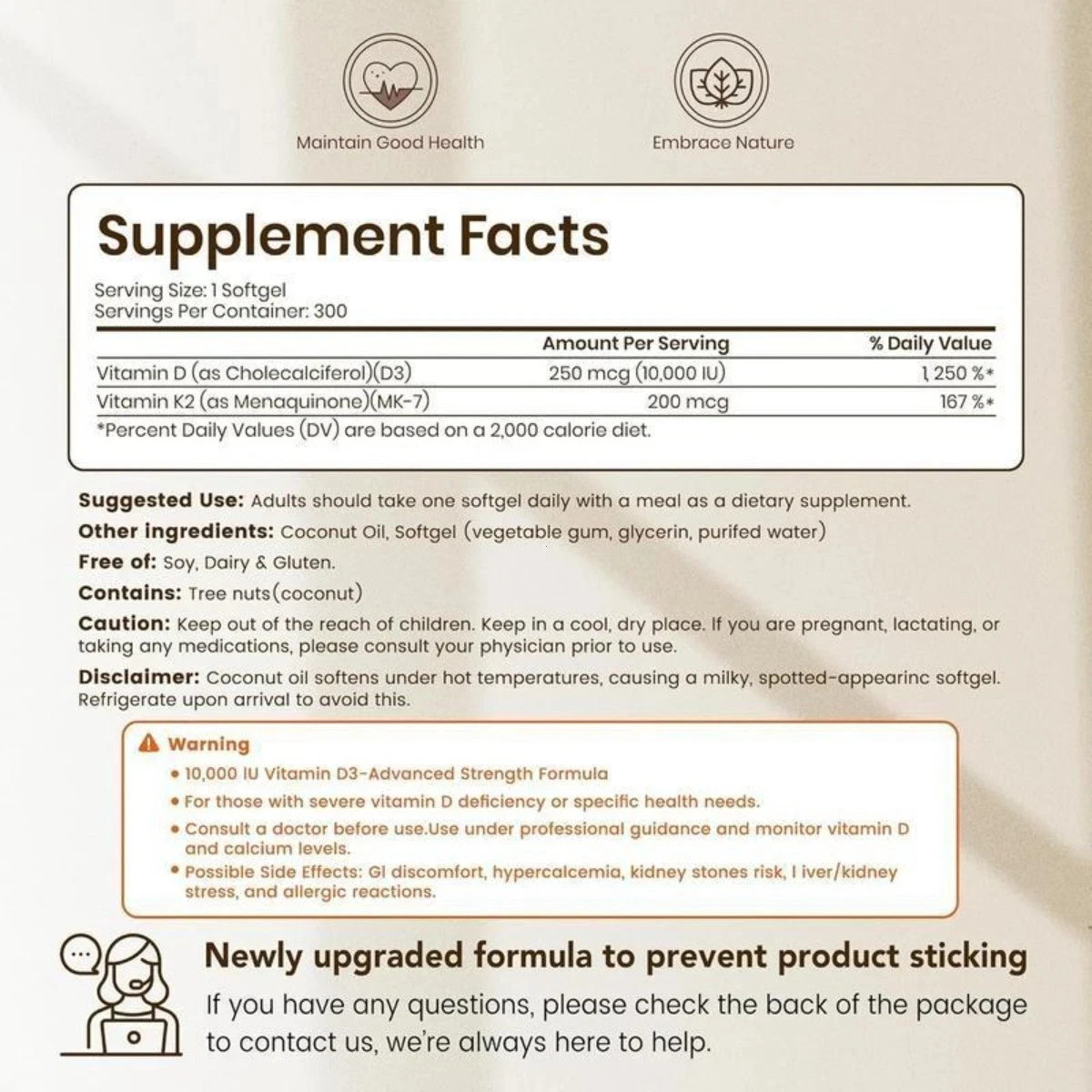 VEV Vitamin D3 Virgin 10000 300 K2 Coconut Oil Softgels, 2 In 1 Vitamins Supplem