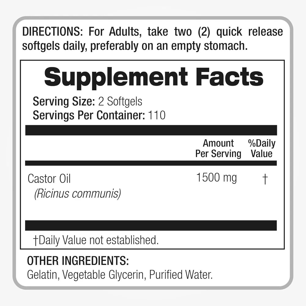 Castor Oil Capsules 1500mg 220 Softgels Cold Pressed Organic Supplement