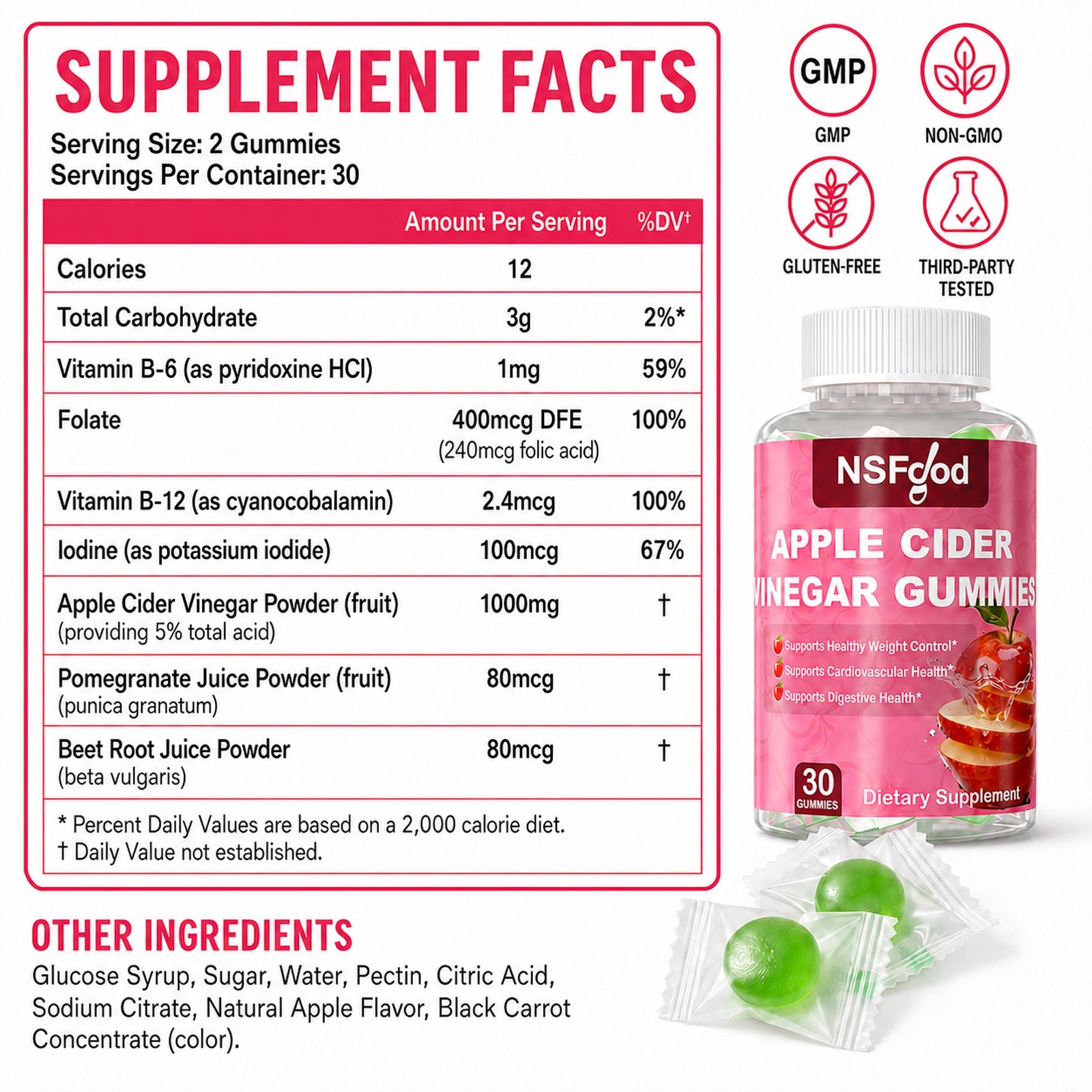 Sugar Control Keto ACV Gummies Apple Cidar Vinegar 1000MG Weight Management 30ct