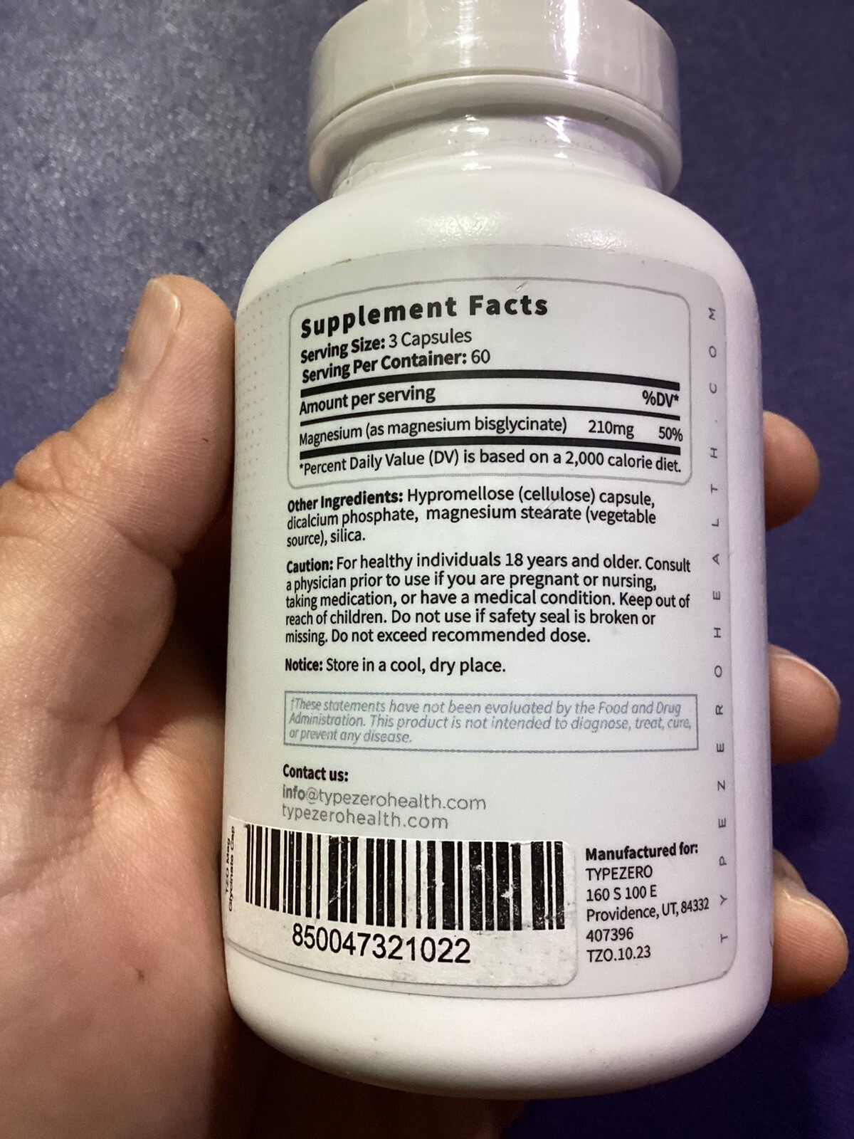 TypeZero Clean Magnesium Glycinate 210mg 180 Caps 60 Servings EXP 10/2026