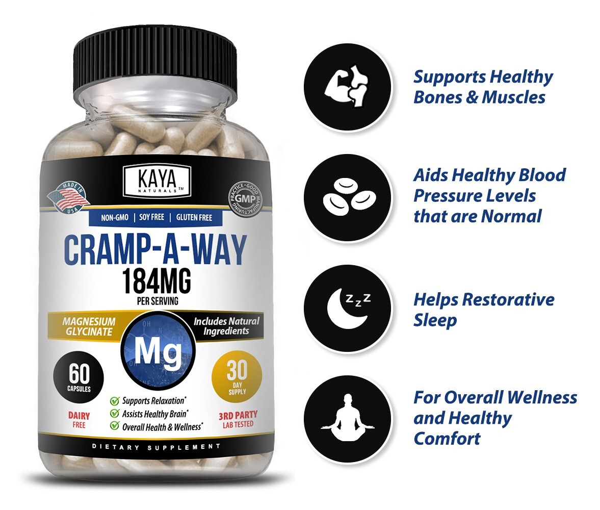 (2 Pack) Cramp-A-Way 60ct Magnesium Glycinate, Sleep Aid, Joint & Bone Support