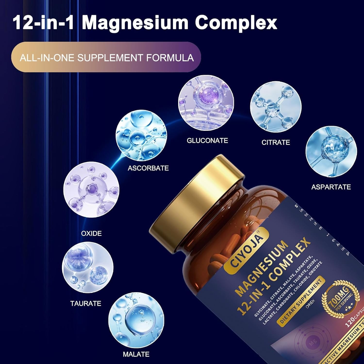 12 in 1 Magnesium Complex 700mg Supplement with Glycinate Citrate Capsules