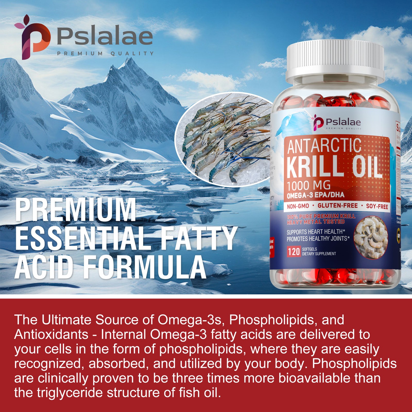 Antarctic Krill Oil 1000mg -with Omega-3 EPA, DHA, Astaxanthin and Phospholipids