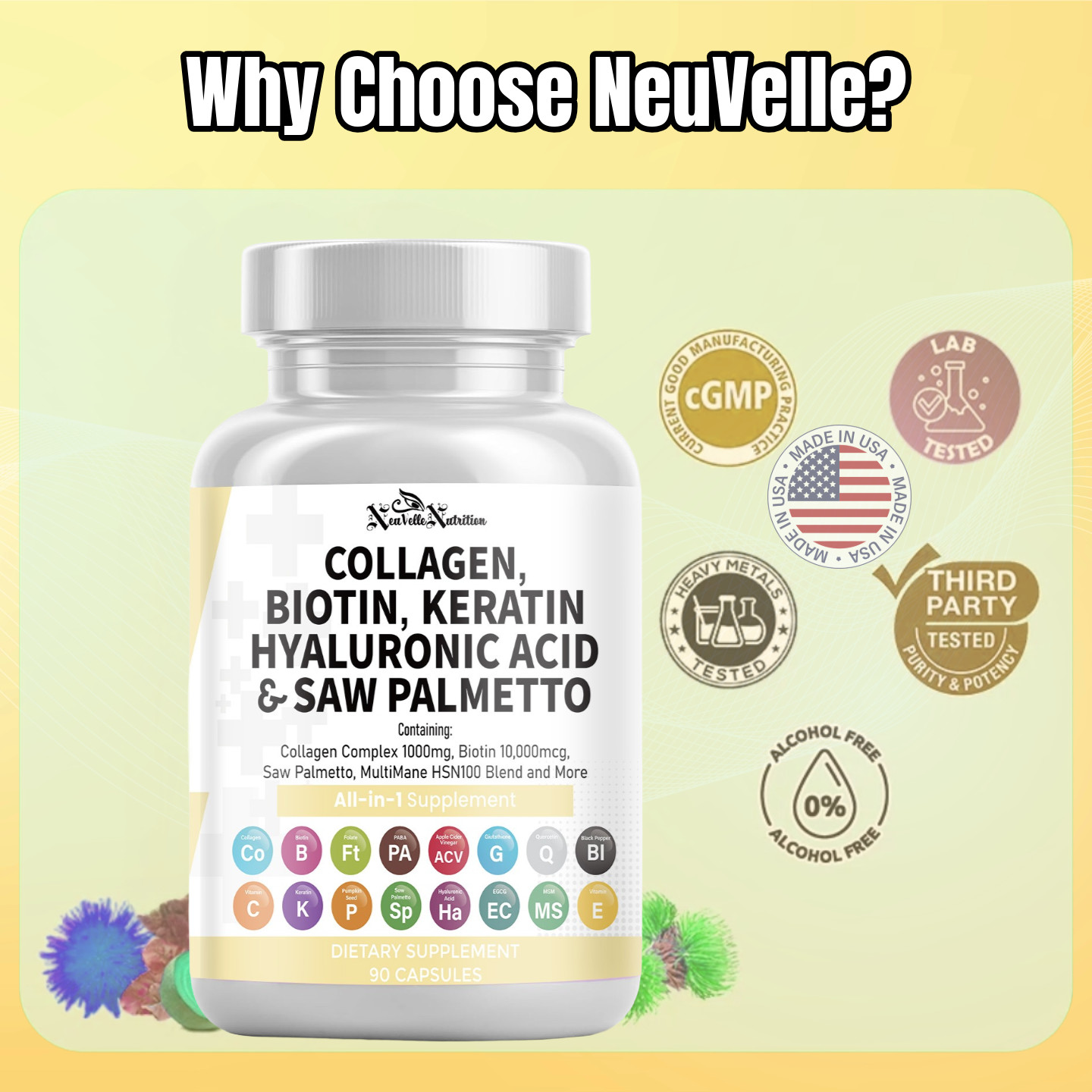 Collagen, Biotin, Keratin, Hyaluronic Acid, Saw Palmetto, Vitamin C PABA 90 CAPS