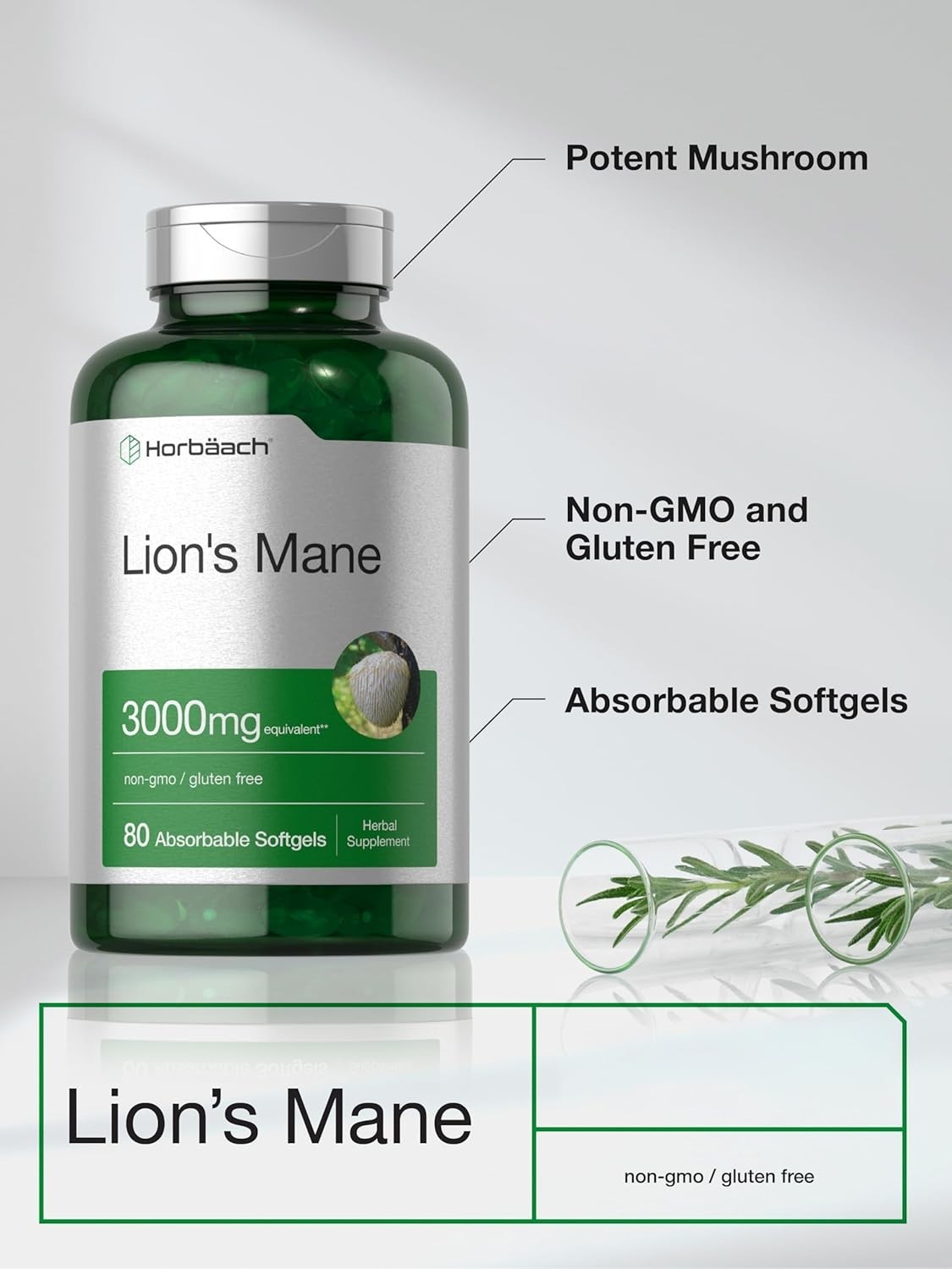 Lions Mane Mushroom 3000mg | 80 Softgels | Non-GMO & Gluten Free | by Horbaach