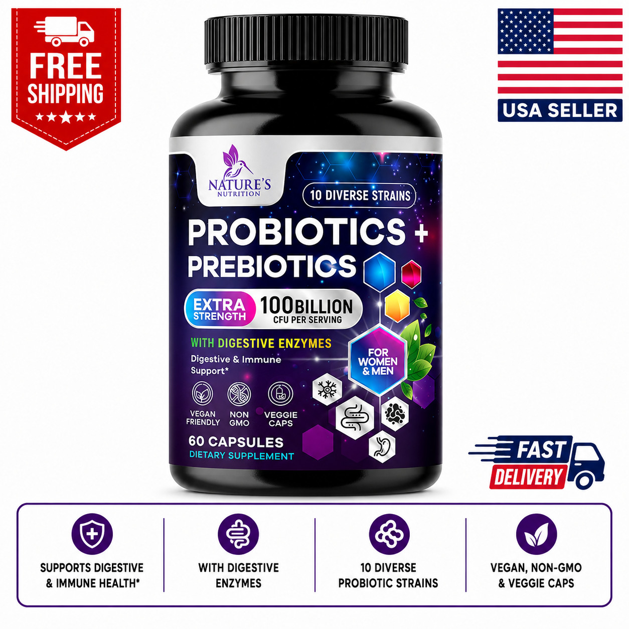 Daily Probiotic and Prebiotic Supplement 100 Billion CFU 10 Diverse Strains