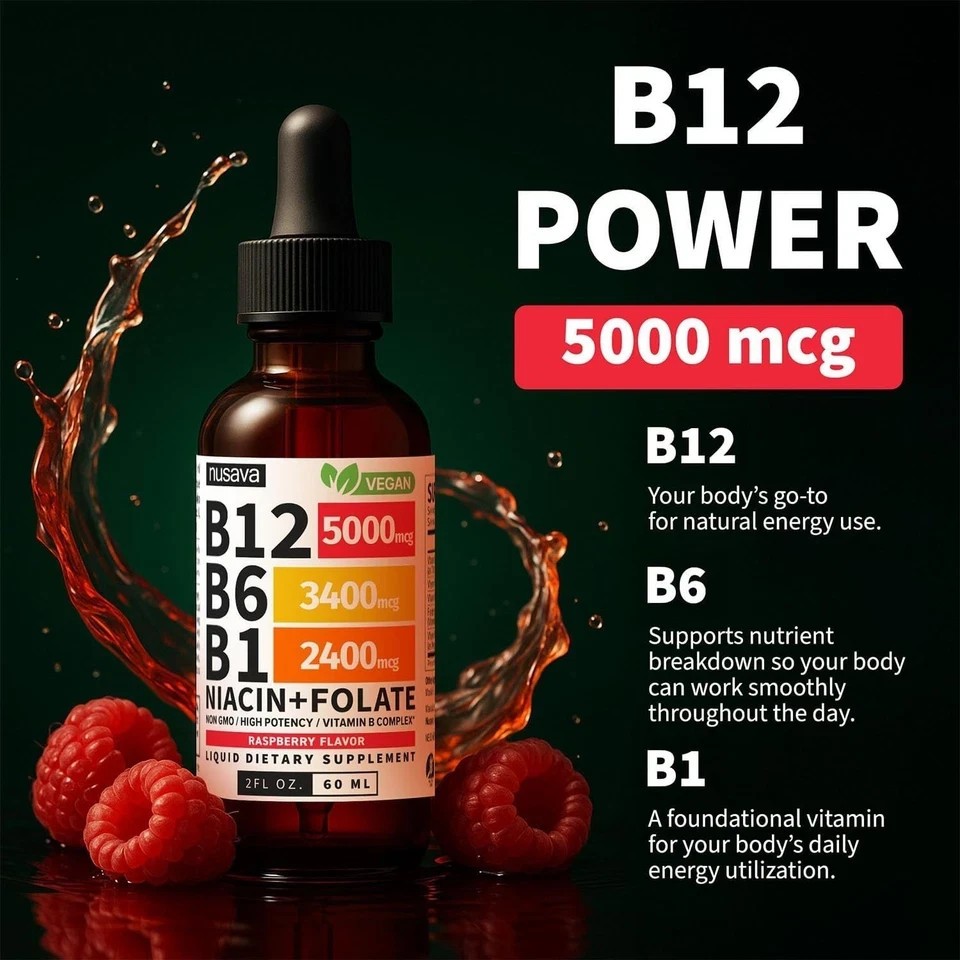 NUSAVA Vitamin B12 Drops – 3 Pack – 5000mcg – Raspberry – 80 Servings