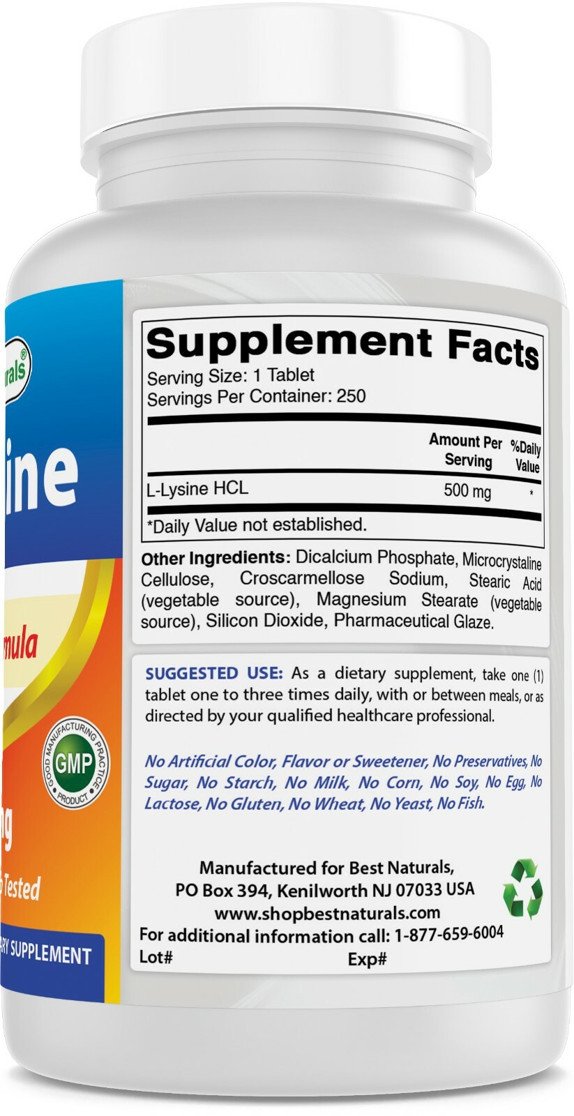 2 Pack Best Naturals L-Lysine 500 mg 250 Tablets